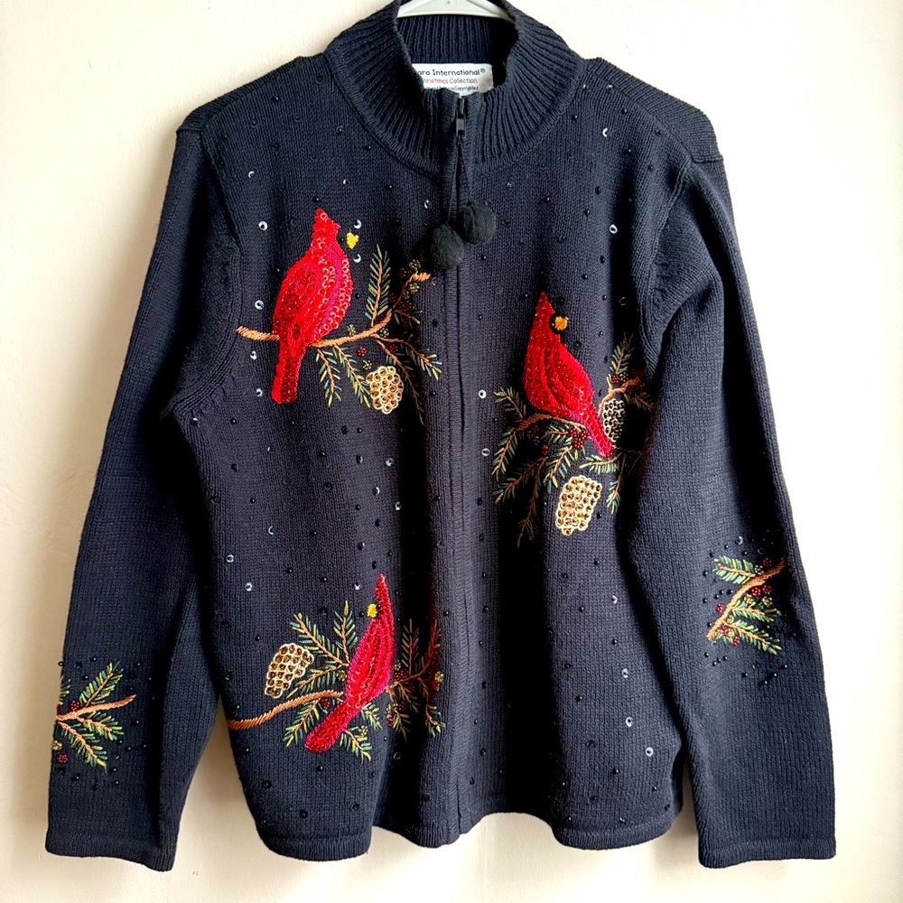 Vintage Tiara International Cardinal Choir Holiday Sweater Sequin Embroidery Lg
